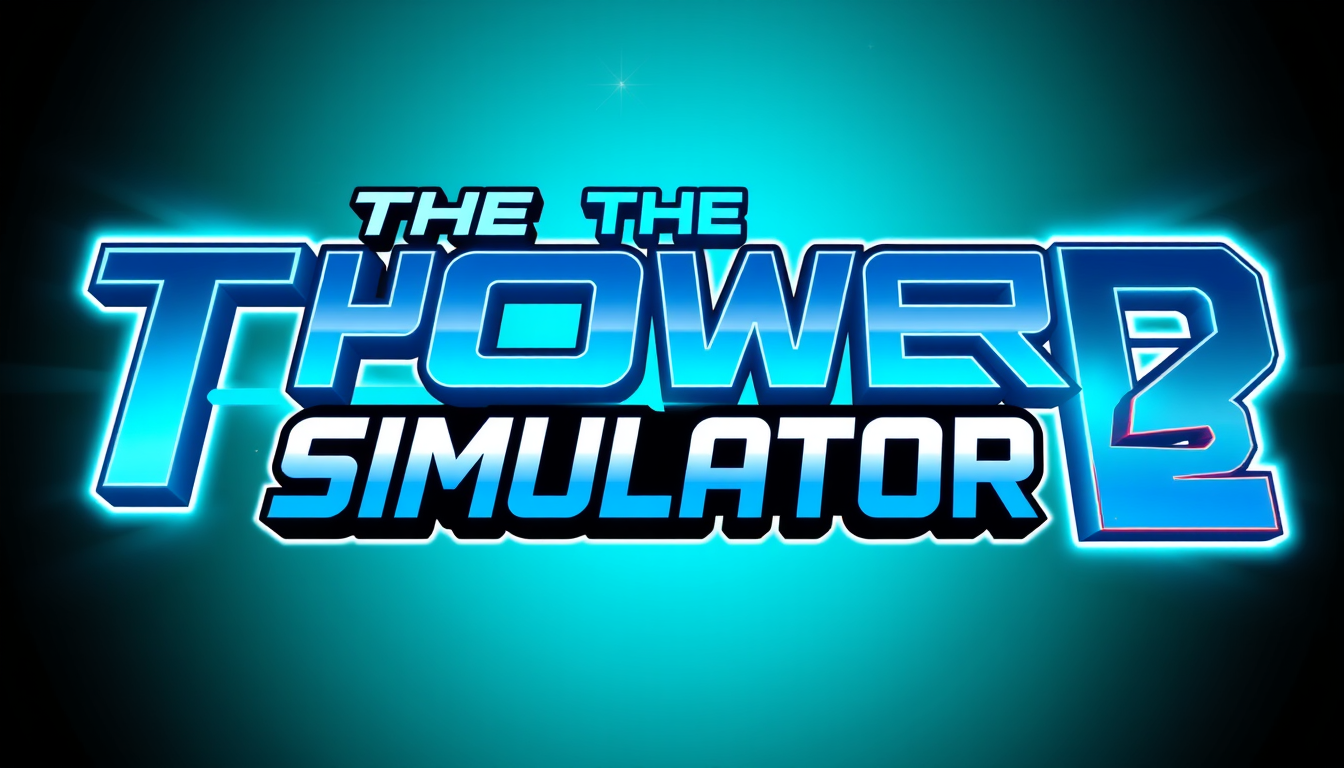 Main logo studio: Gaming logo for "THE Power Simulator 2", bold futuristic typography, bright cyan and turquoise background, energetic glowing power effect, clean profe