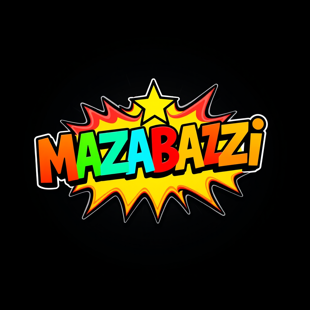 Main logo studio: Create a vibrant, funny, eye-catching YouTube logo for “MAZABAZI”. Show MAZABAZI only once, large and perfectly spelled. Make it a playful viral enter
