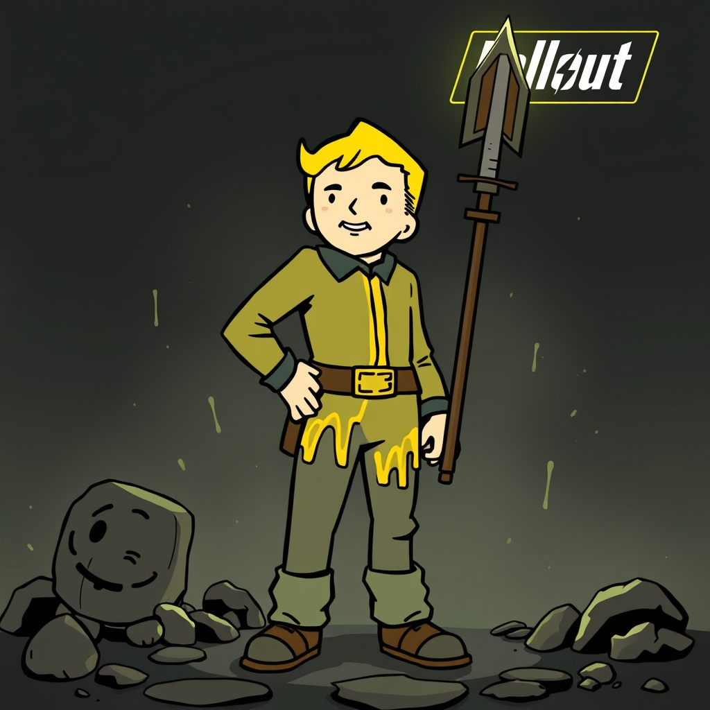 Main logo studio: Vault boy from fallout, with the Drip of valor mortis their clothing