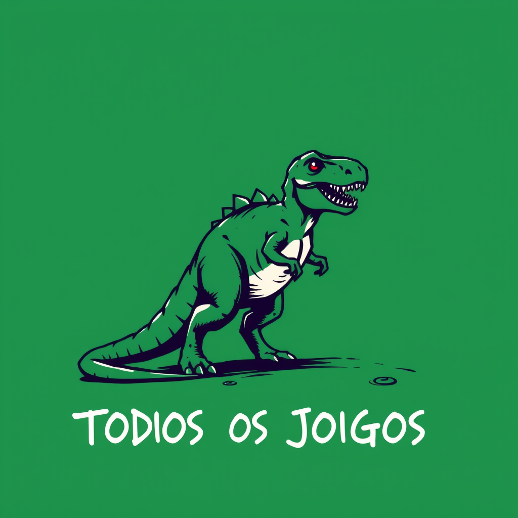 Main logo studio: Escrito: TODOS OS JOGOS, cor VERDE SOLIDO. Antes do nome tem um dinossauro. Formato 200 x 40 pixels.