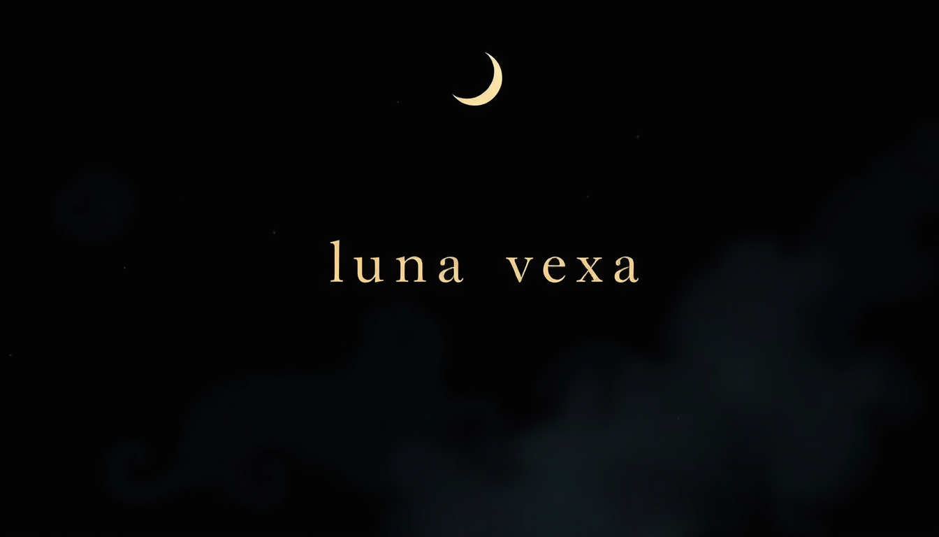 Main logo studio: Wide mystical banner, small lowercase text “luna vexa”, crescent moon, constellation stars, tiny geometric symbols, subtle fog, dark mysterious atmosp