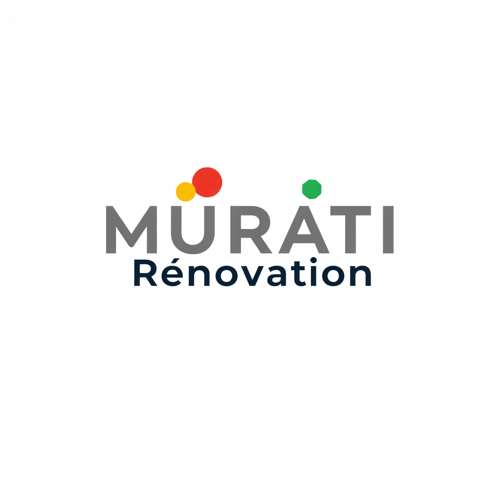 Wordmark Logo idea: wordmark logo of Entreprise de carrelage. Logo "MURATI Rénovation" écrit en lettres dorées sur un fond blanc avec quelques carreaux octogonaux multico