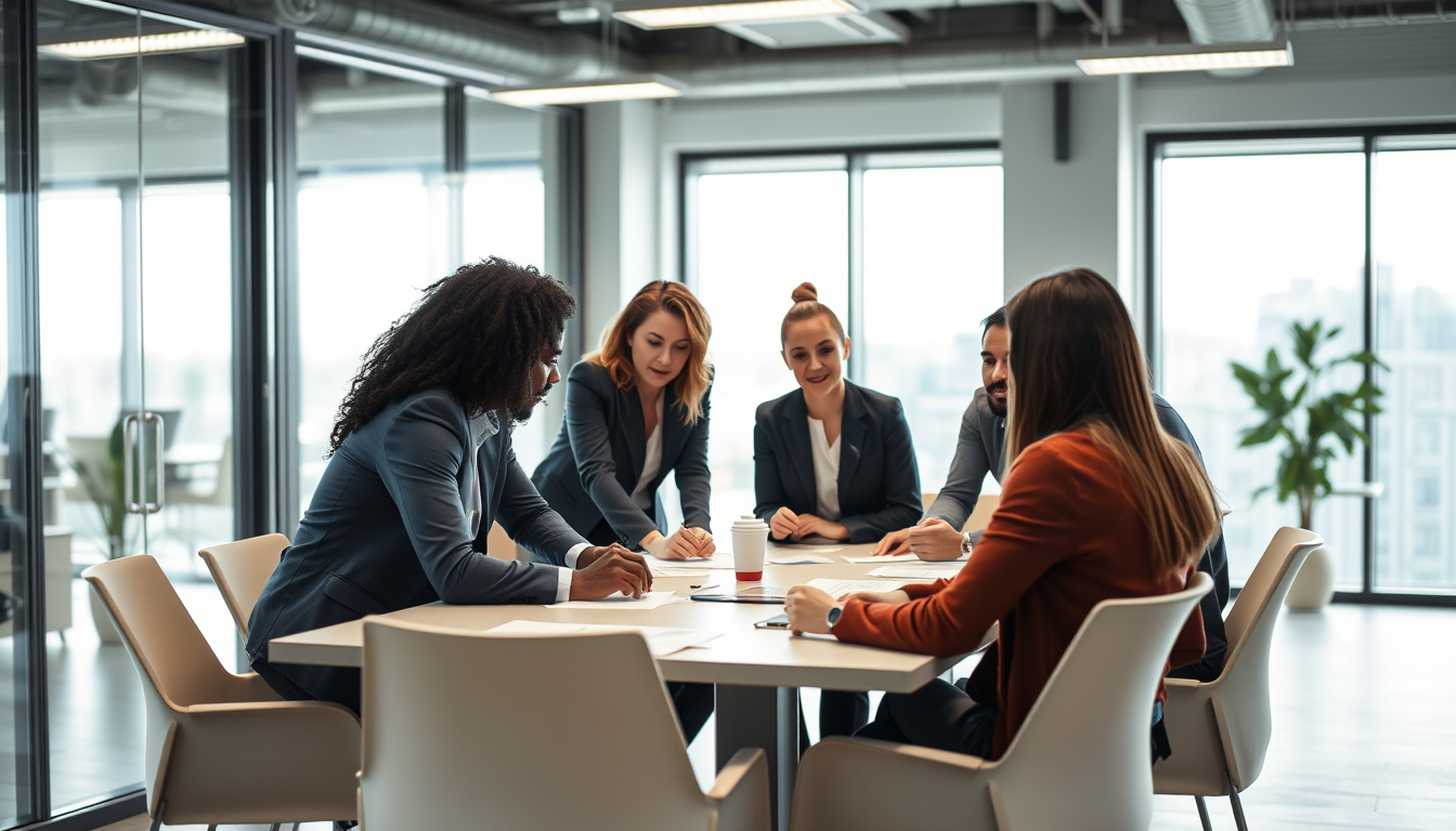 Main logo studio: Diverse business team discussing ideas around a table in a modern office, natural lighting, realistic photography, professional corporate atmosphere, 