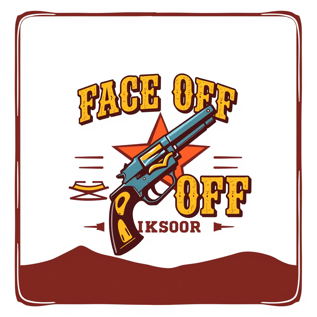 Vintage Logo idea: vintage retro logo for "Face Off with Iksor" With hollywood western style. For a vintage comic book. A colorful logo with gun, western font and a sher