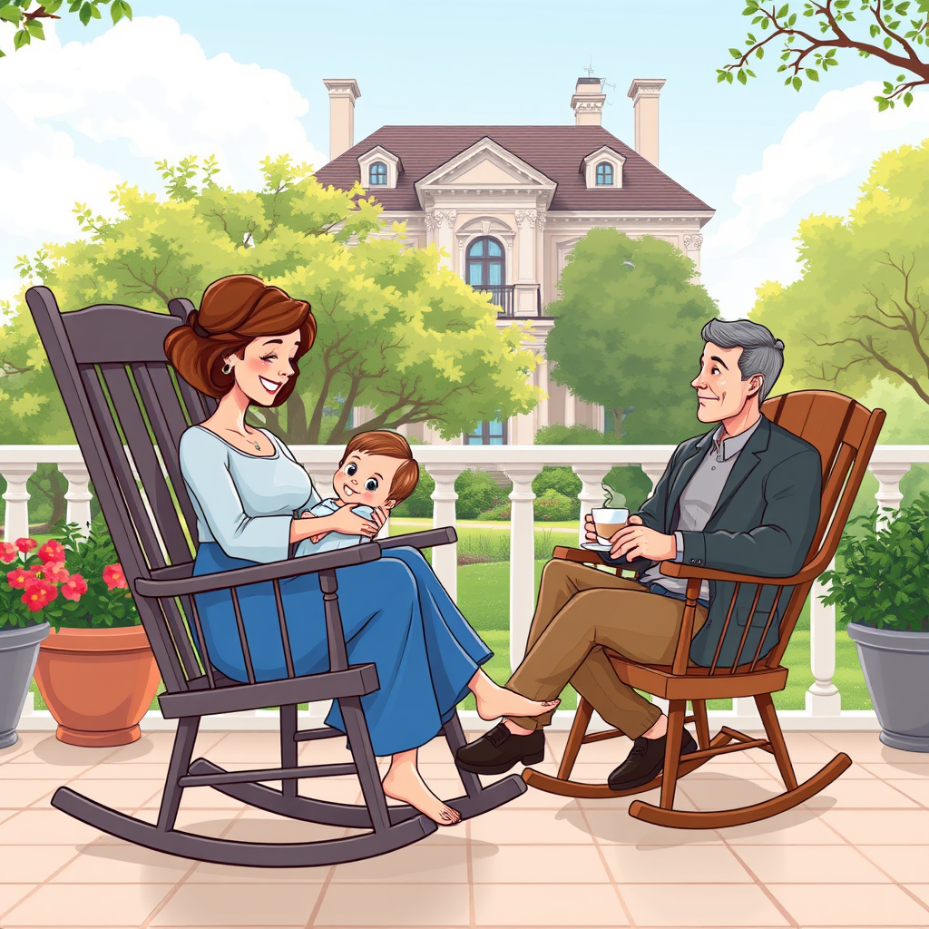 Main logo studio: create a cartoon of a mother sitting in a outdoor rocking chair holding her baby. The scene is there is a outdoor chair in the terrace of their beauti