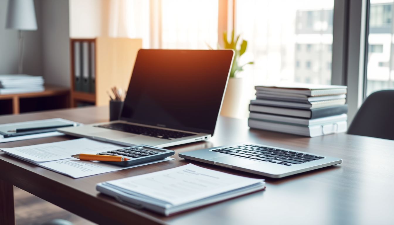 Main logo studio: Modern office desk with laptop, calculator, notebook and documents, organized workspace, soft natural light, realistic stock photography.