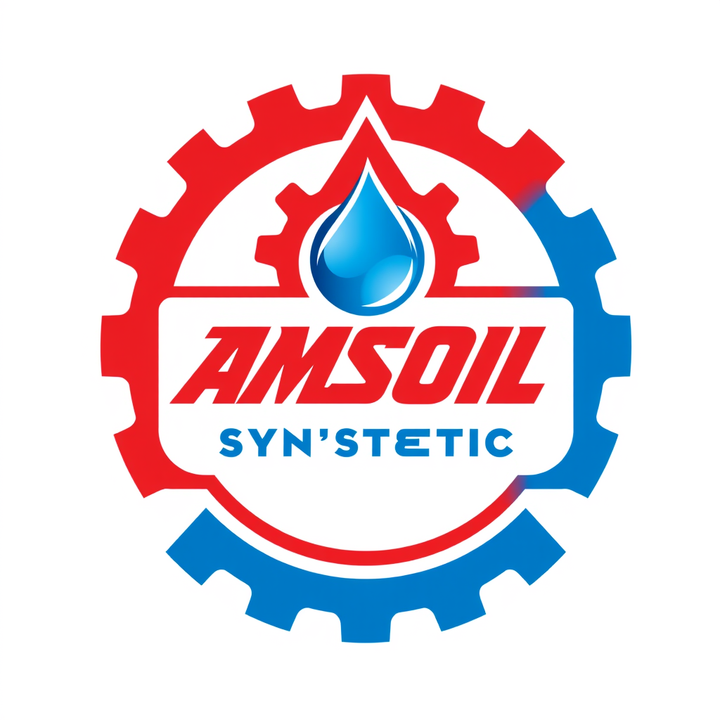 Badge Logo idea: badge logo for Amsoil Synthetic Distribution LLC , gear icon with oil drop, red and blue colors, bold professional automotive style , bold badge desig