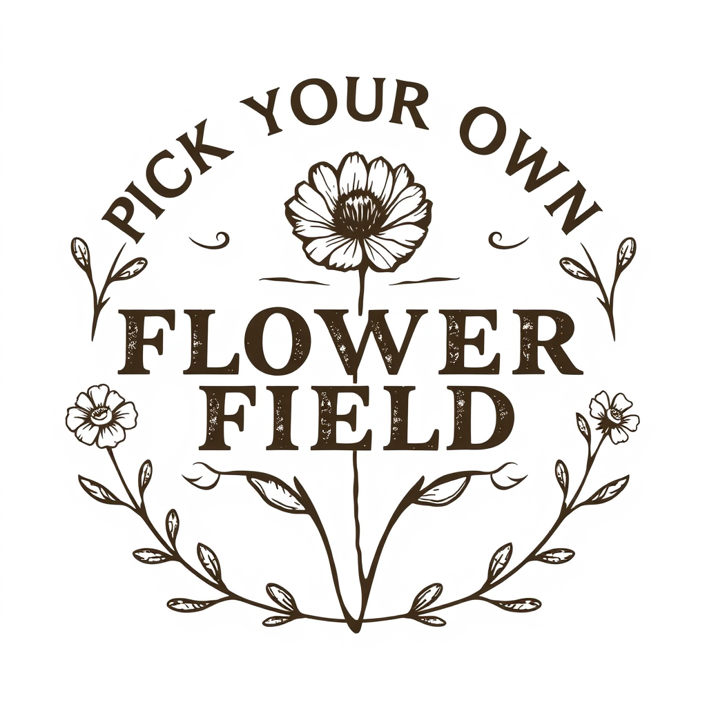 Vintage Logo idea: vintage retro logo for an eco friendly pick your own flower field for cut flowers for vases and bouquets , classic retro design, aged typography, hand