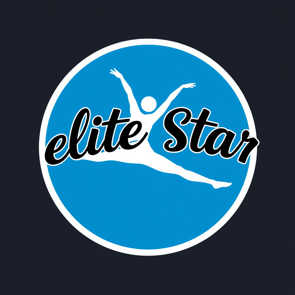 Main logo studio: blue circle back round with curved pointed split leaping white figure in the middle with black bold cursive nice letters curved inan arch above the ci