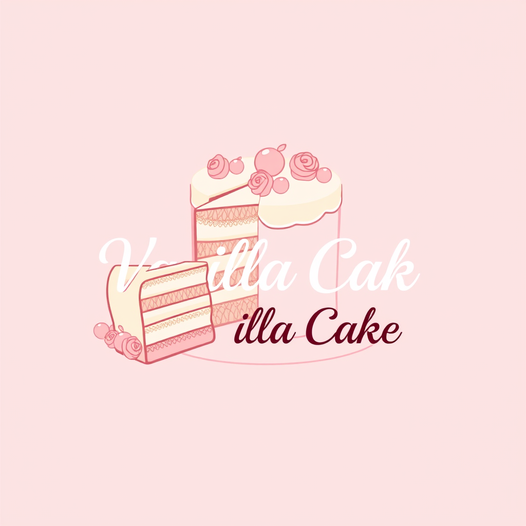 Main logo studio: I want a 2D logo featuring a large, beautiful professional bakery cake, with a soft pink and white background. Include the brand name “Vanilla Cake” c