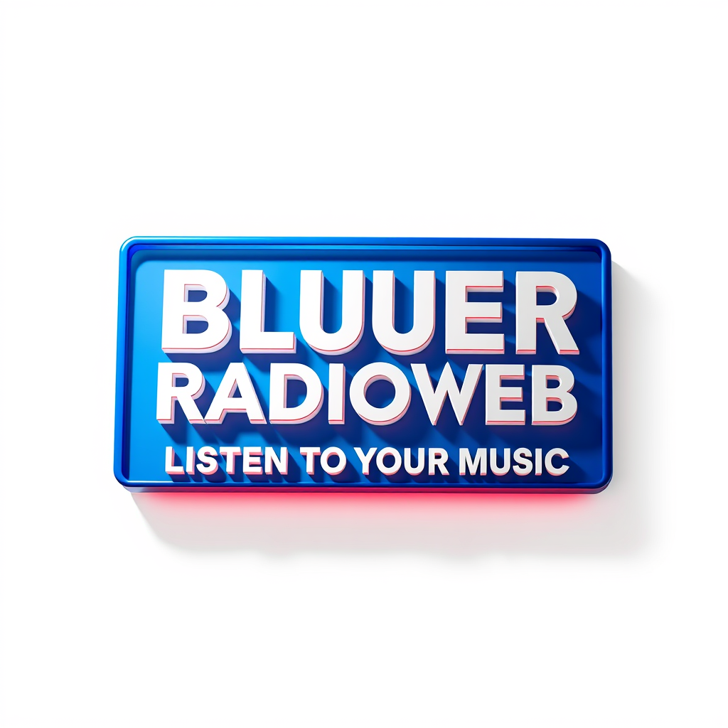 3D Logo idea: 3D logo for BLUERADIOWEB LISTEN TO YOUR MUSIC en blanc dans un rectangle bleu et rouge , three-dimensional render, realistic depth and shadows, glossy