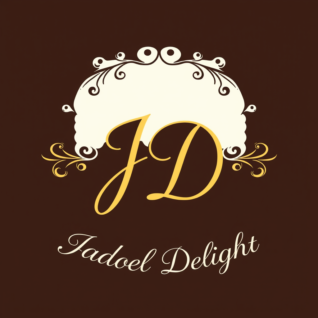 Main logo studio: Logo épuré et élégant pour la vente de pâtisserie. Écriture de type handwriting des initiales J D en doré. Decorations élégante en dessus et en dessou