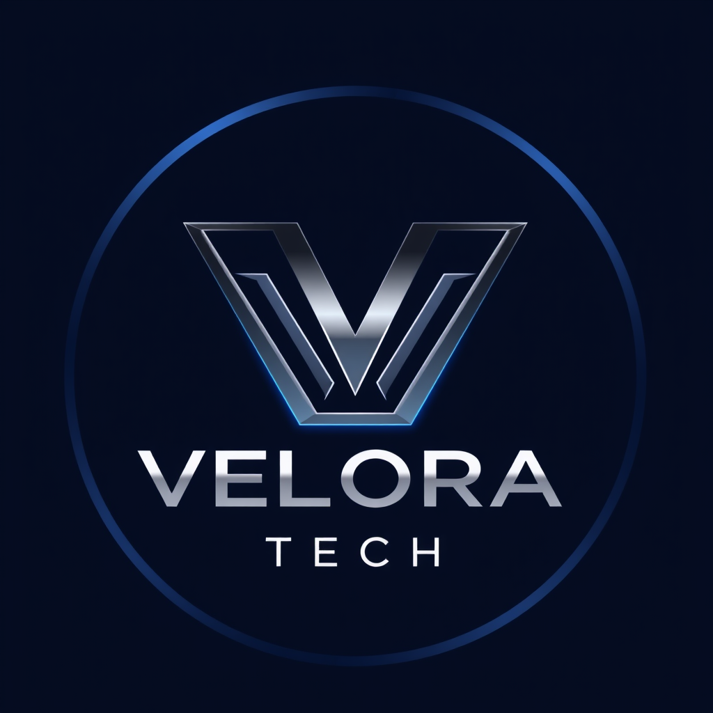 Main logo studio: Create a luxurious, modern logo for VELORA TECH, an electronics and smart gadgets brand. Use a unique geometric V symbol, a dark navy blue background,