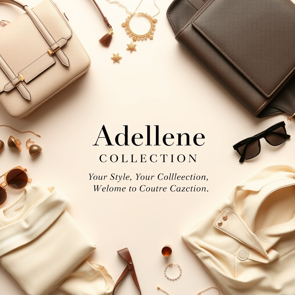 Main logo studio: Create an elegant and classy fashion boutique welcome image for a brand called “Adellene Collection.” Use a sophisticated neutral color palette featur