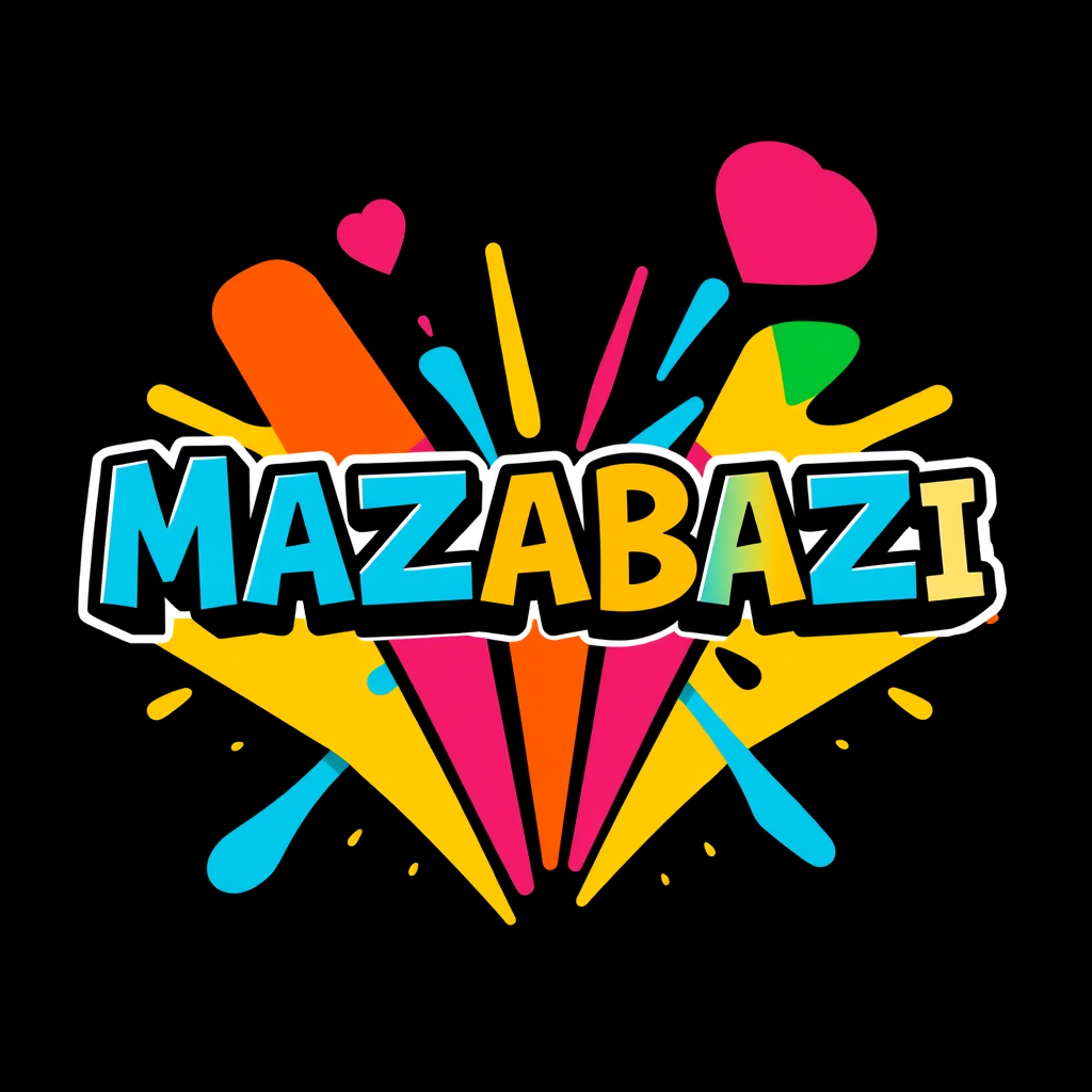 Main logo studio: Create a bold, funny and eye-catching YouTube profile logo for “MAZABAZI”. Use the name ONLY ONCE, large and perfectly spelled. Create a playful, ener