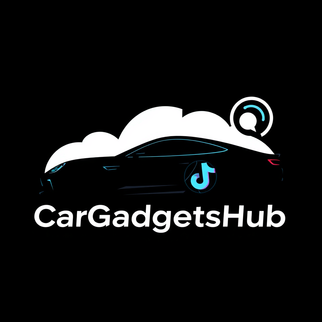 Main logo studio: CarGadgetsHub, premium automotive technology logo, sleek modern car silhouette combined with a tech gadget icon, black background, white and electric