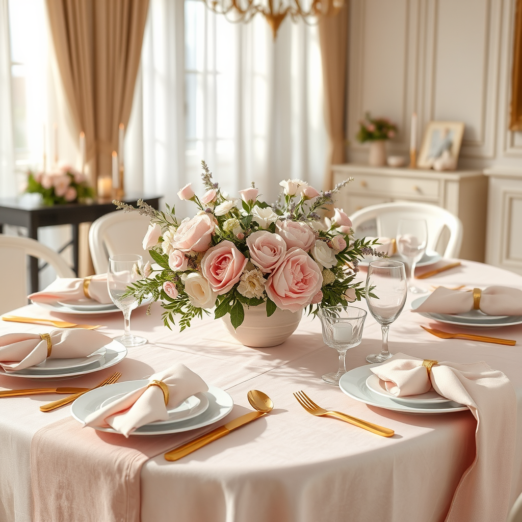 Main logo studio: Create a beautiful, photorealistic, romantic dining table setting with an elegant, feminine, and dreamy atmosphere. The tablescape should feel luxurio