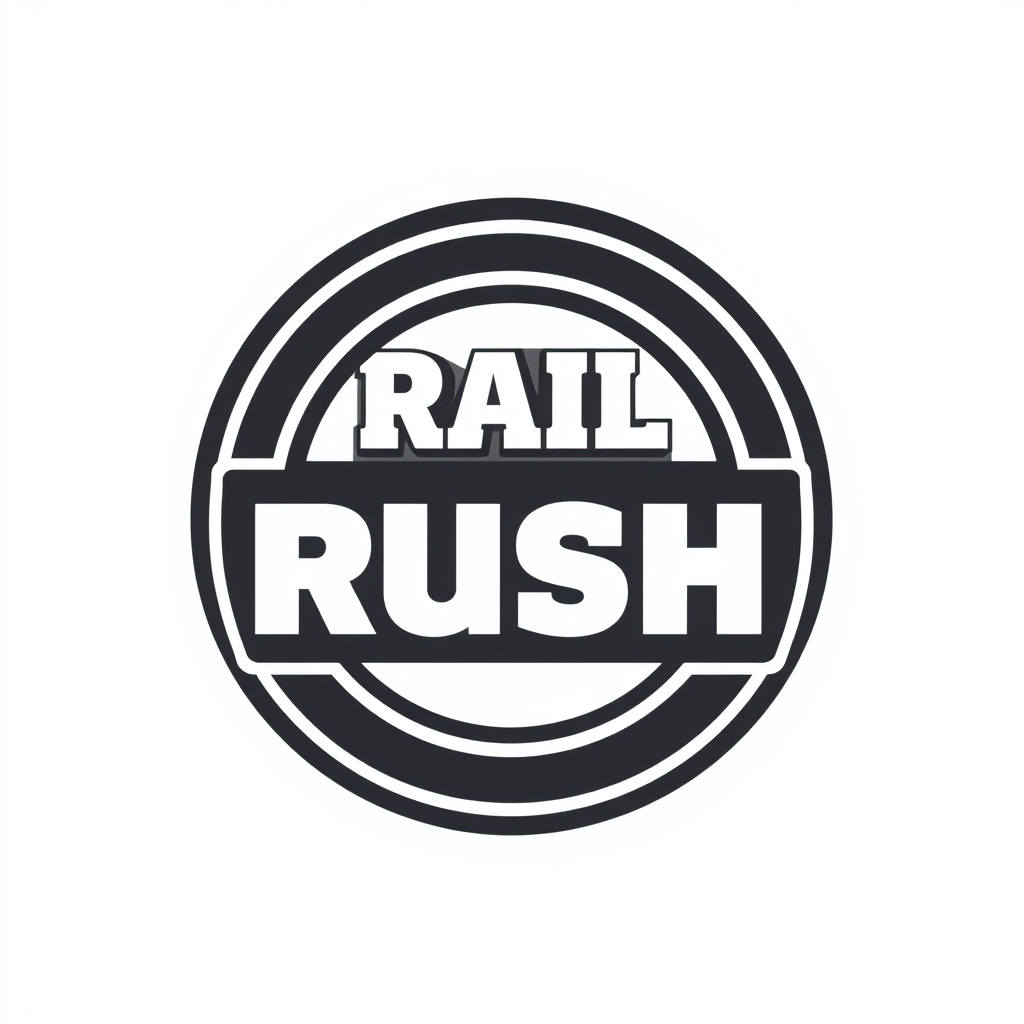 Badge Logo idea: badge logo for Rail Rush: modern zurich S-Bahn train , bold badge design, text enclosed in a rounded rectangular or circular badge shape, thick border