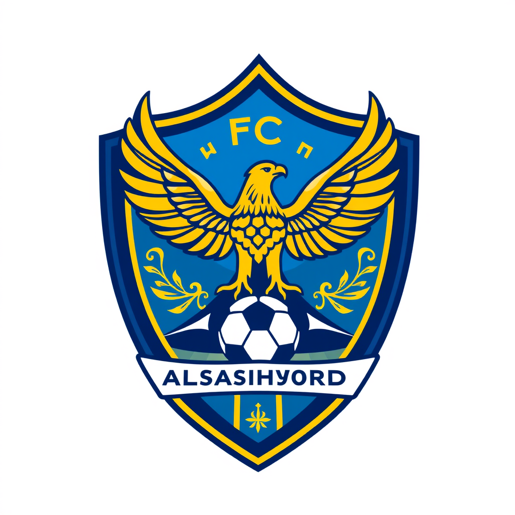 Main logo studio: FC ALASHORDA football club crest, Kazakhstan-inspired design, traditional Kazakh ornaments, golden eagle, mountain and football, blue, gold and white 
