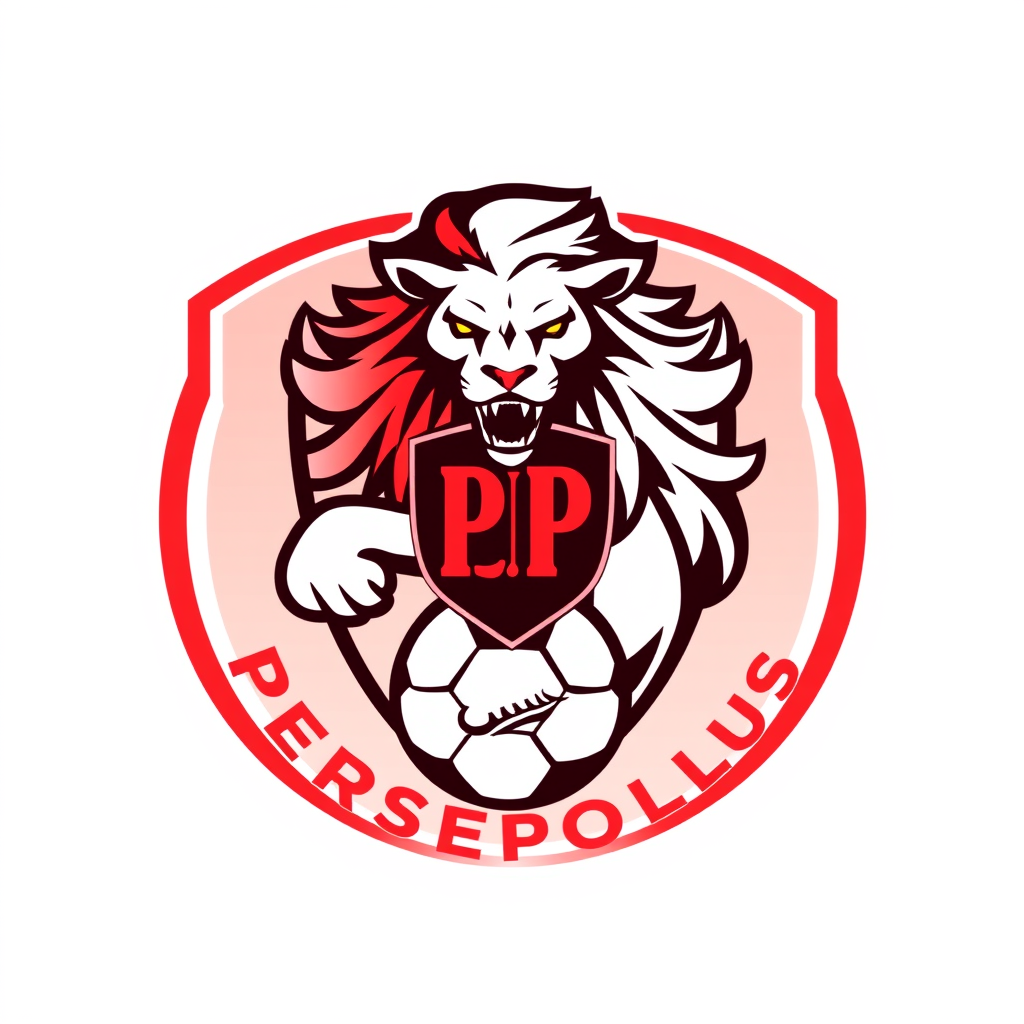 Main logo studio: Premium professional football club logo for Persepolis, bold masculine style, red and white colors, powerful fierce lion combined with a soccer ball, 