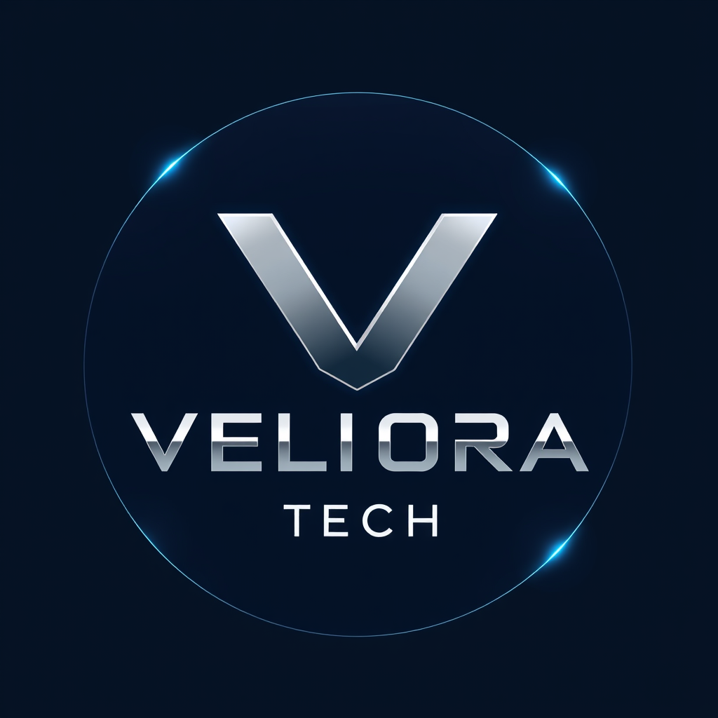 Main logo studio: Create a luxurious, modern logo for VELORA TECH, an electronics and smart gadgets brand. Use a unique geometric V symbol, a dark navy blue background,