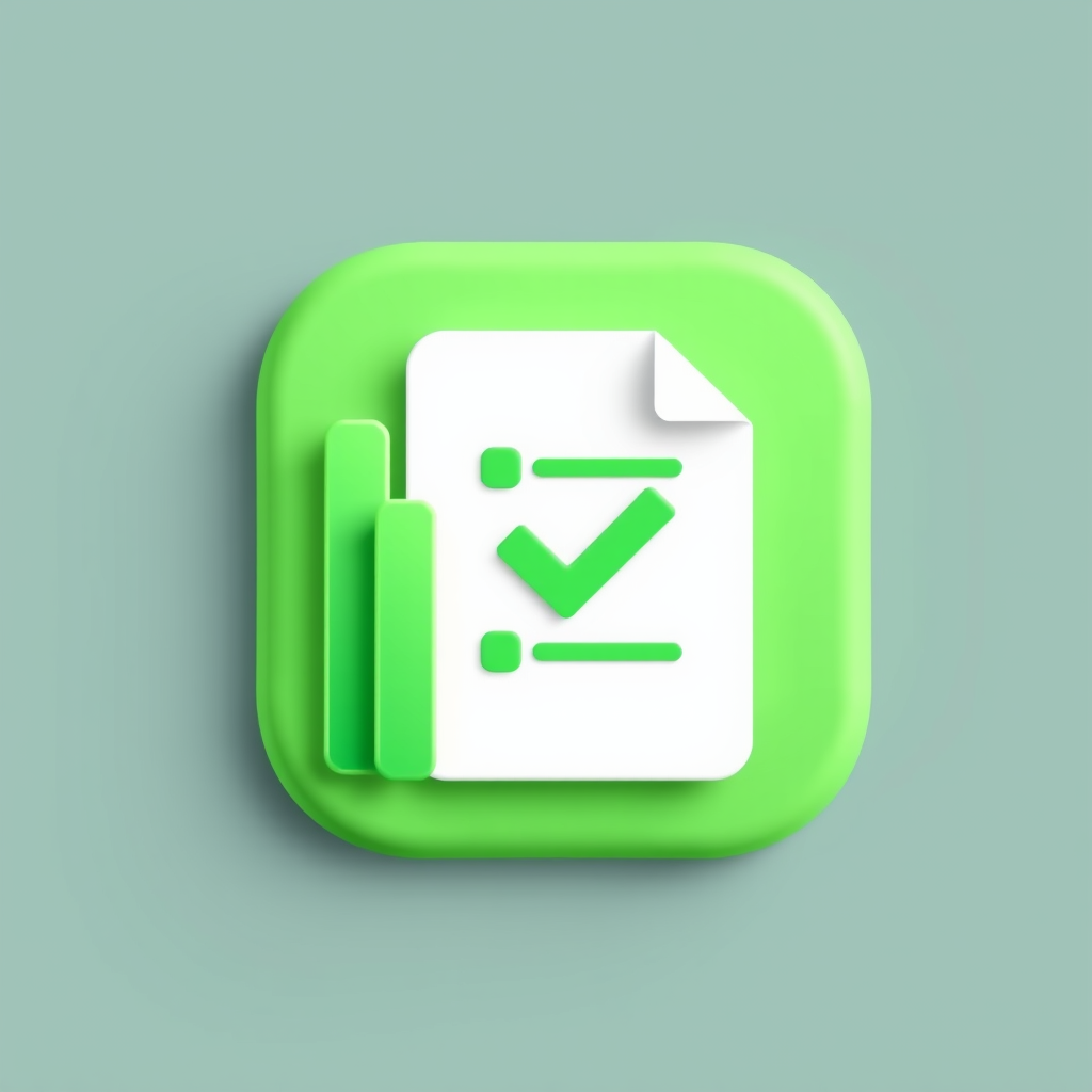 Main logo studio: Modern minimalist app icon for “EnOrden”. Rounded square, tropical green and white color palette. White document with green checklist and checkmark in