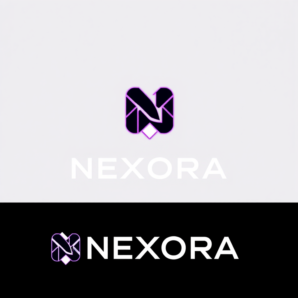 Main logo studio: One-line horizontal logo: a unique geometric symbol made by merging the letters NEXORA into one abstract mark, followed immediately by the word NEXORA