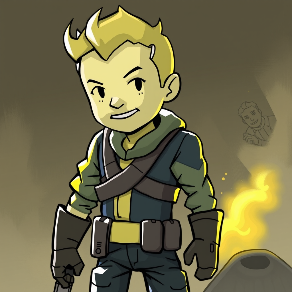 Main logo studio: Vault boy from fallout, he got the clothing style of the game : valor mortis
