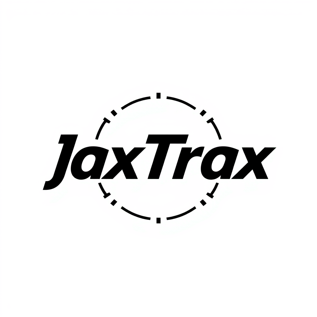 Main logo studio: In bold writing " JaxTrax" with a simple but impactful design around it in black and white