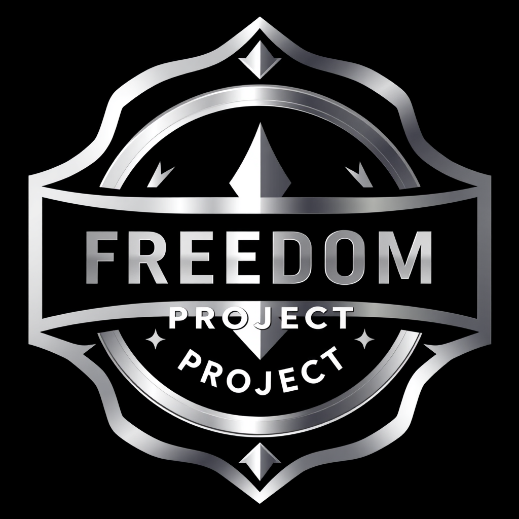 Main logo studio: Brand name: Freedom Project Slogan: Build Your Freedom Style: Luxury emblem Colors: Black and metallic silver Concept: A premium emblem representing f