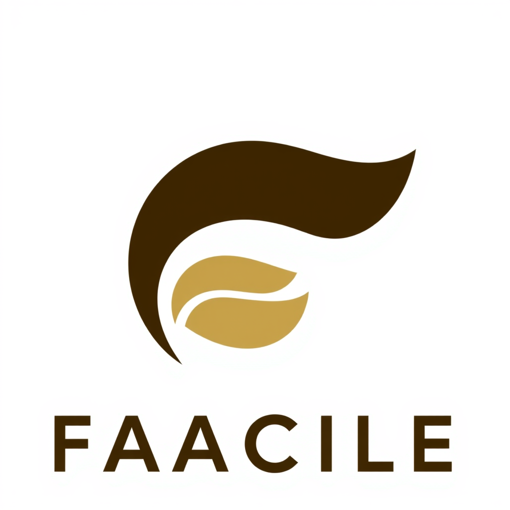 Main logo studio: Modern premium coffee logo for “FACILE”. Create a unique custom “F” symbol inspired by flow, movement, simplicity and coffee. Bold, geometric, smooth 