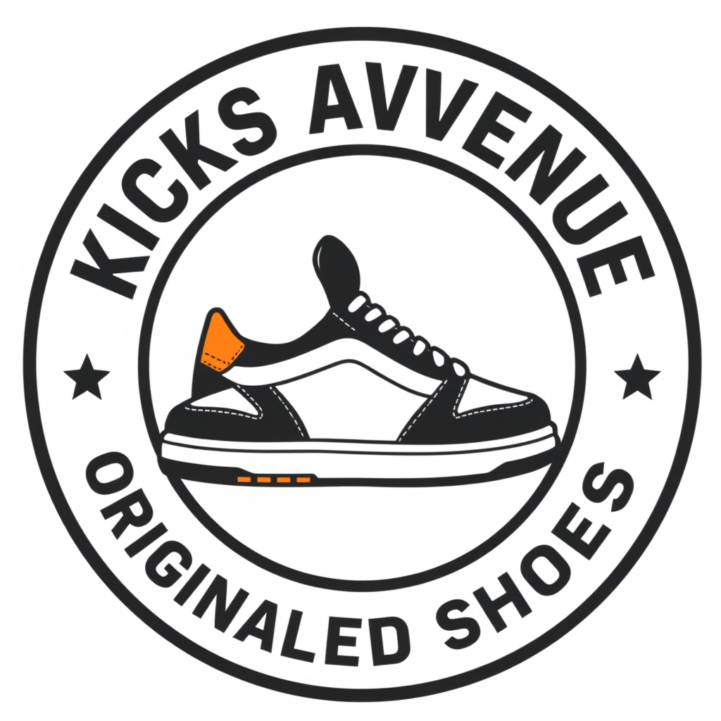 Main logo studio: Design a circular badge-style logo for "Kicks Avenue" sneaker store. Include a side-view sneaker in the center, with the text "KICKS AVENUE" curved ar
