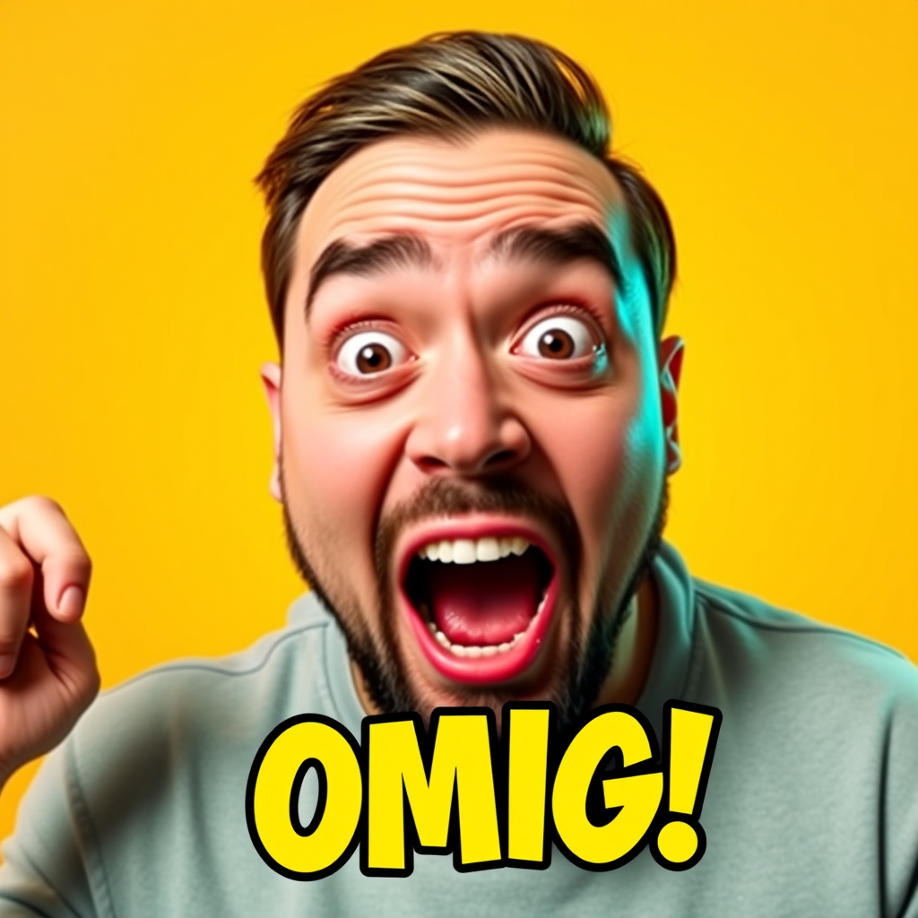 Main logo studio: Viral YouTube thumbnail for a reaction video, shocked reaction face, dramatic expression, bright background, bold colors, big “OMG!” text, cinematic l