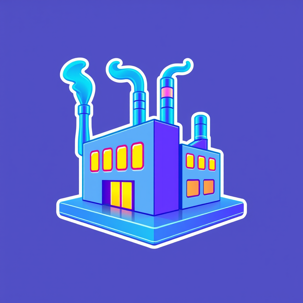 Main logo studio: abstract factory icon logo for an 3d buisnes named MINI FABRYKA , blue and violet