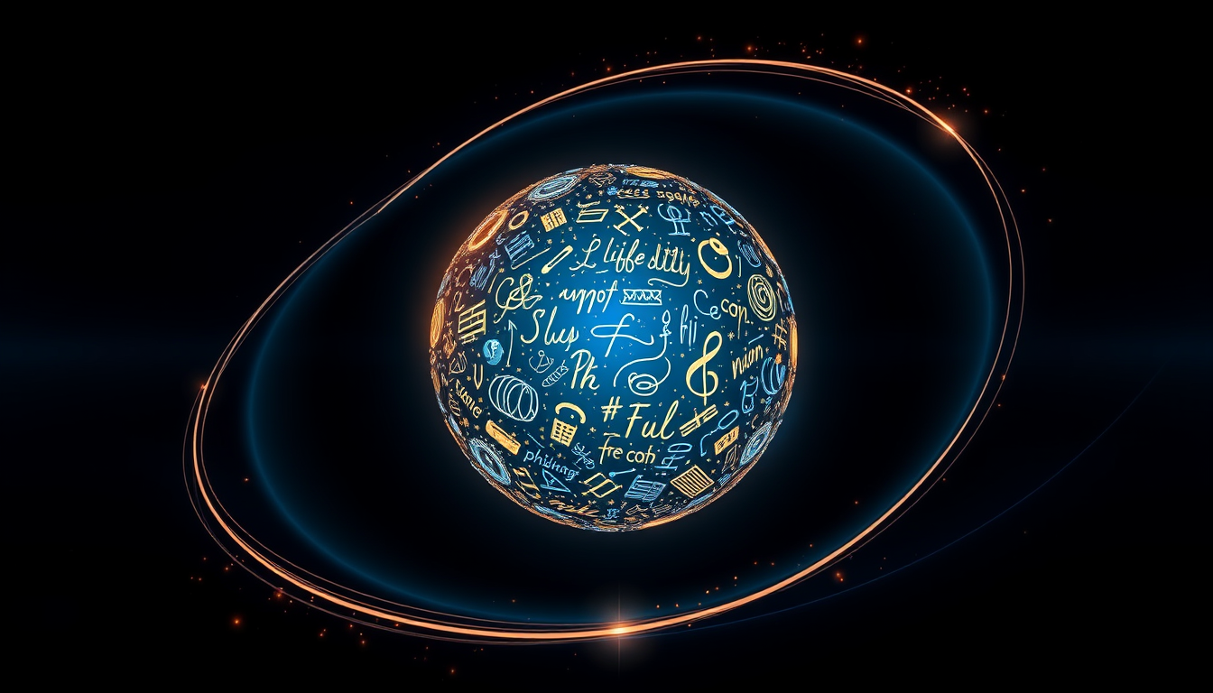 Main logo studio: Create a cinematic 2560x1440 YouTube banner. A glowing digital sphere made from hundreds of flowing writing strokes, symbols and abstract word-like li