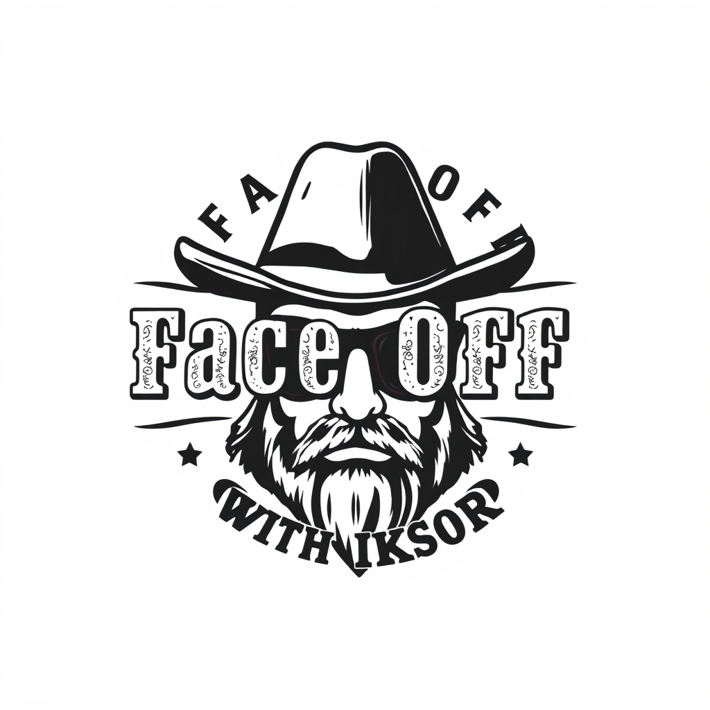 Vintage Logo idea: vintage retro logo for "Face Off with Iksor" With hollywood western style. For a vintage comic book. Without any human face. Not black and white , cla