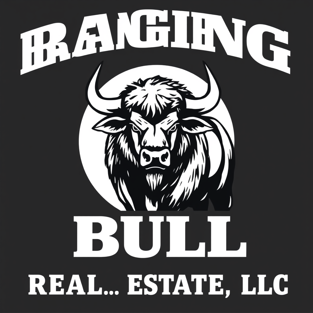 Main logo studio: NAME- RAGING BULL REAL ESTATE LLC IT OWNS RENTAL PROPERTIES AND RENTS/LEASES APARTMENTS AND HOUSES. I WANT A BULL IN THE LOGO.