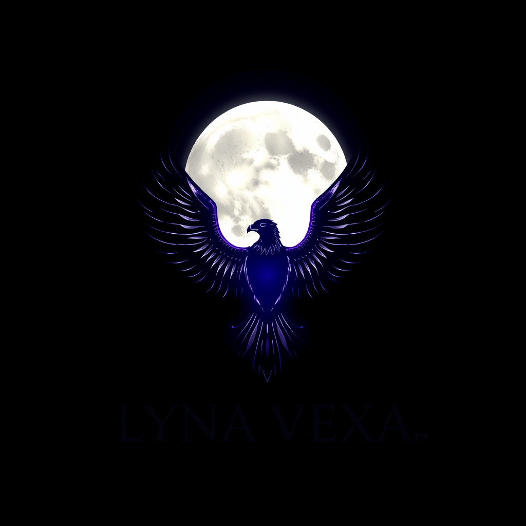 Main logo studio: LYNA VEXA — dark cosmic logo with a luminous full moon, a subtle condor/eagle drawn in delicate shamanic lines at the center, deep black shadows, fain