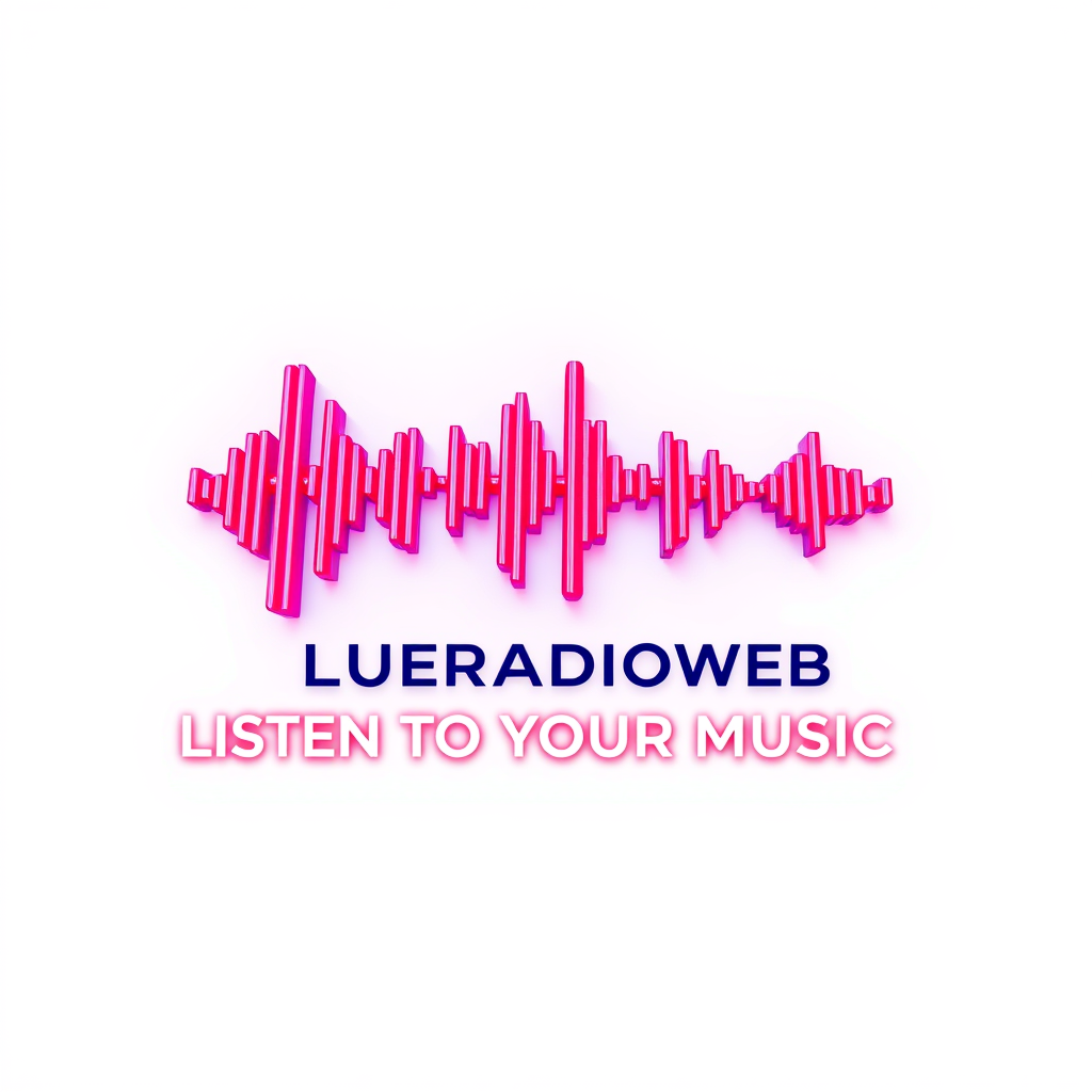 3D Logo idea: 3D logo for BLUERADIOWEB - LISTEN TO YOUR MUSIC - a music tech brand, 3D sound wave form, neon blue red , three-dimensional render, realistic depth an