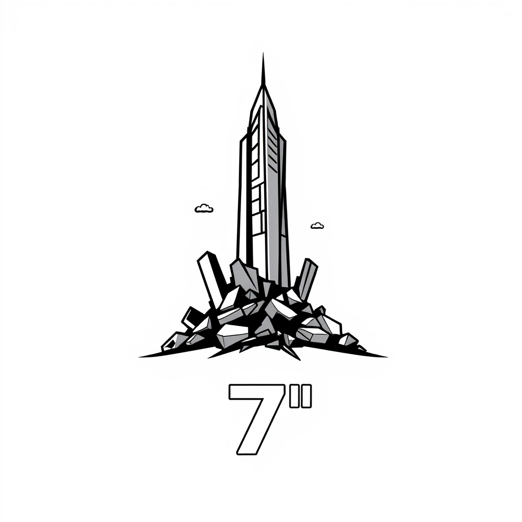 Cartoon Logo idea: cartoon style logo for 7”} A modern architectural tower emerging from rubble like a living tree, with fractured ruins as roots and a clean futuristic 