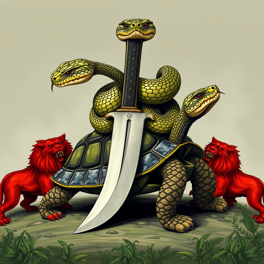 Main logo studio: A snake heads on the top of a knife carried by a tortoise sourounded with red lions