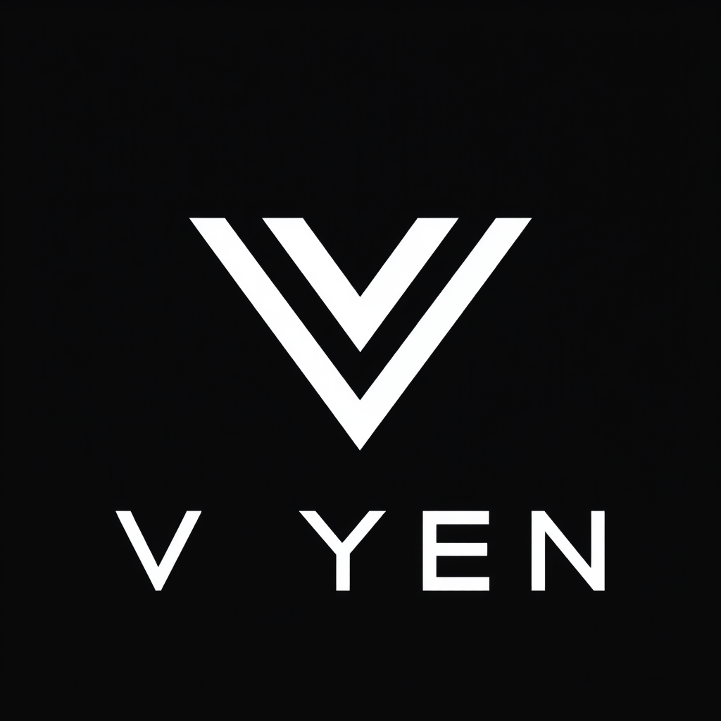 Main logo studio: Minimalist futuristic monogram logo for VYEN, abstract geometric V and Y combined into one unique symbol, sharp angular forms, black background, pure 