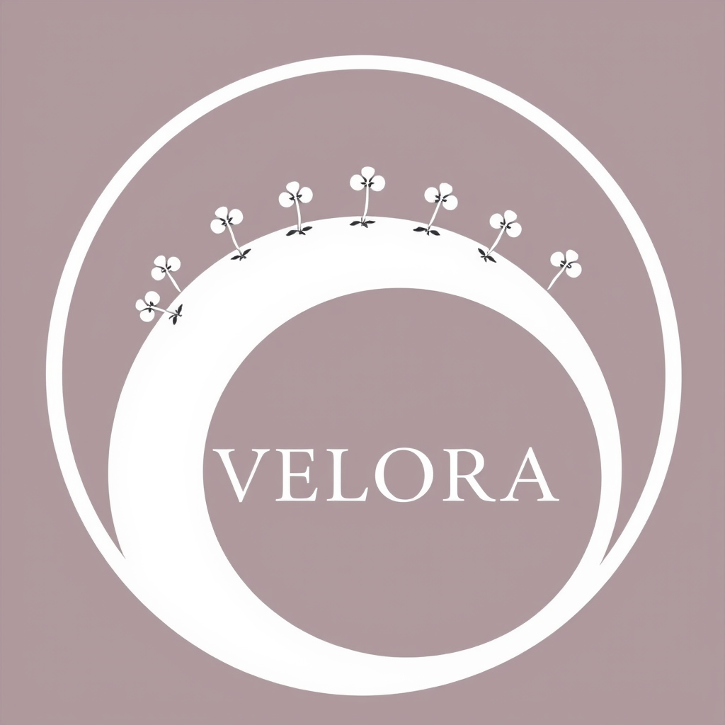 Main logo studio: un grand cercle fin ; un cercle intérieur plus délicat ; de petites fleurs très fines entre les deux cercles, comme une couronne ; , avec une typograp