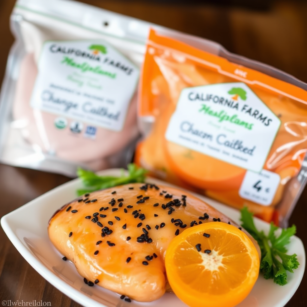 Main logo studio: California Farms Orange and Black Frozen Chicken products Classy style