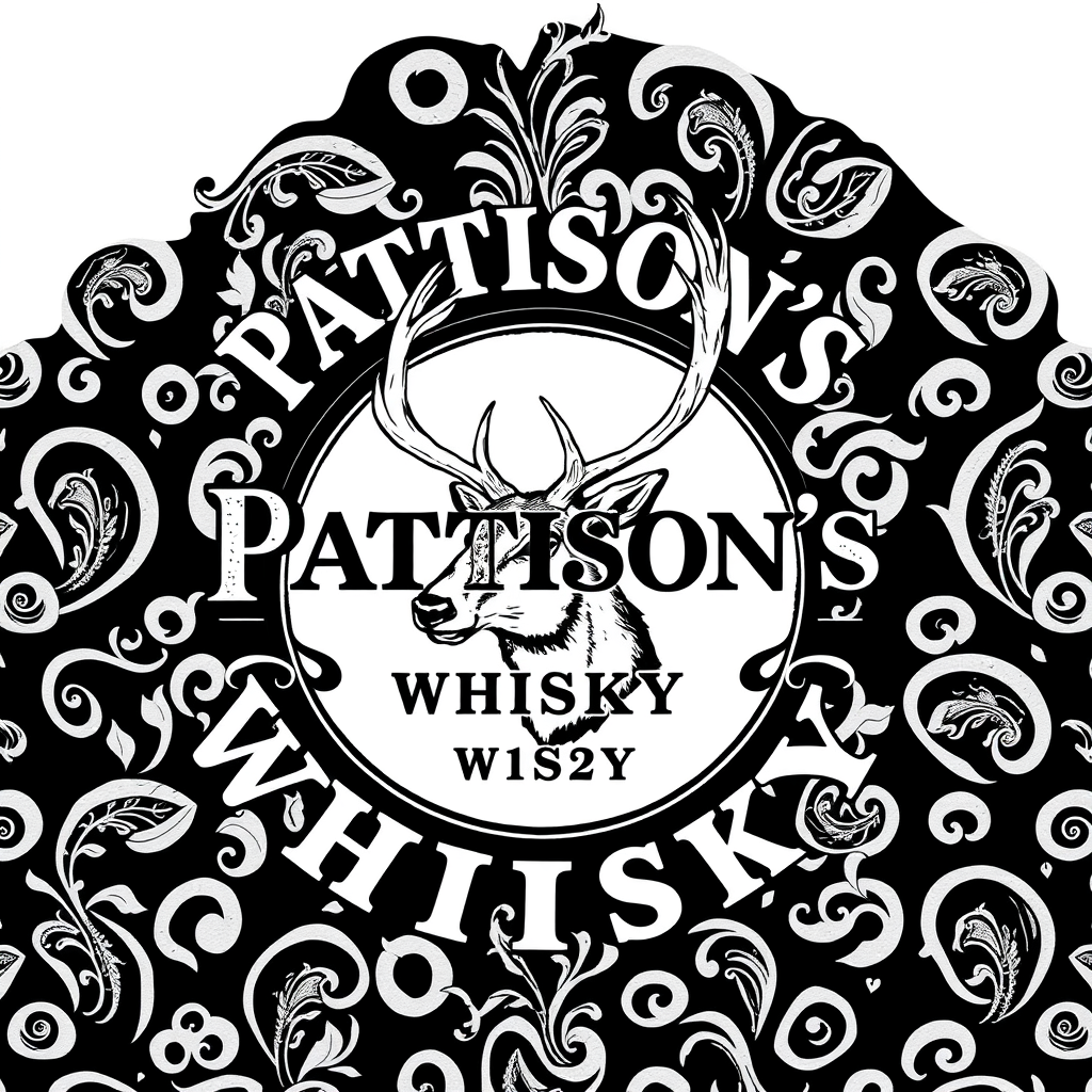 Vintage Logo idea: vintage retro logo for Pattison's whisky, paisley pattern black and white, classic traditional and authentic malt whisky, very Scottish with paisley p