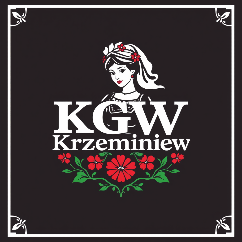 Main logo studio: Stwórz kolorowe, radosne logo dla „KGW Krzemieniew”. Polski folklor inspirowany wzorami łowickimi. Uwzględnij czerwone róże i zielone listki. Dodaj st