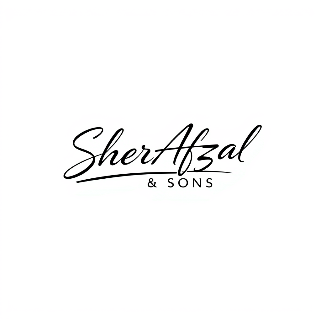Signature Logo idea: signature logo of the name SherAfzal & Sons Company for Steel Fabraction and Erection work , elegant handwritten calligraphy, flowing script lettering