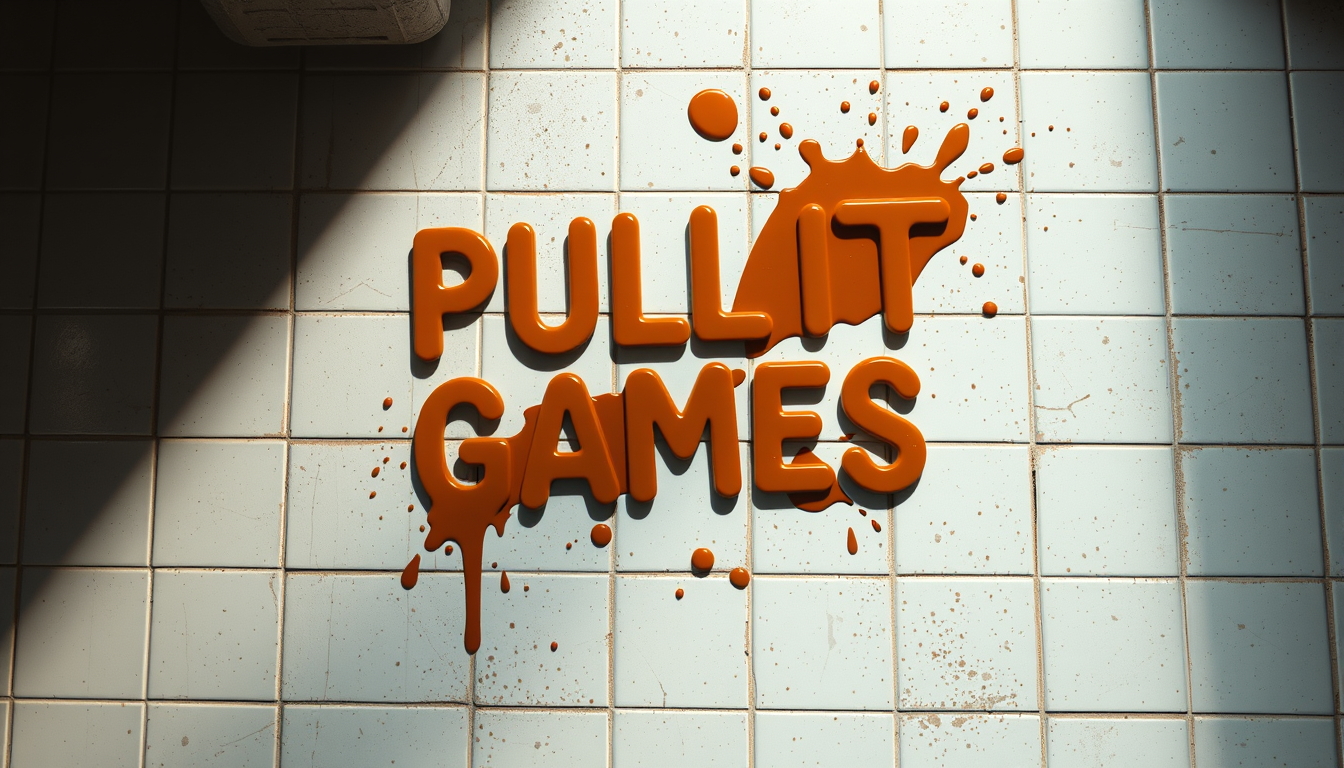 Main logo studio: white dirty tile floor, brown splattering animation of the words "PULTIT GAMES", letter by letter splattering