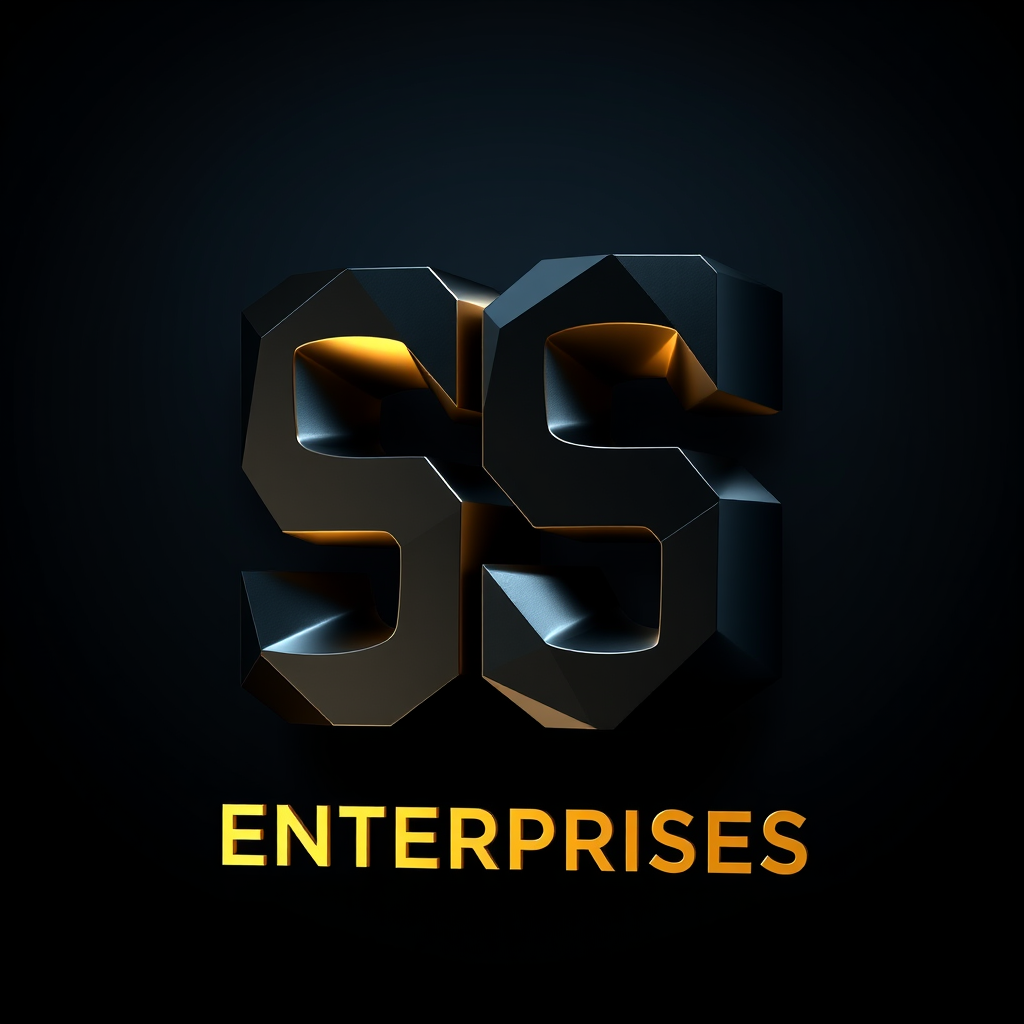 Main logo studio: A modern, sleek, and unique 3D logo design for 'S S ENTERPRISES'. Geometric faceted obsidian black 3D blocks forming a bold 'SS' symbol, accented with