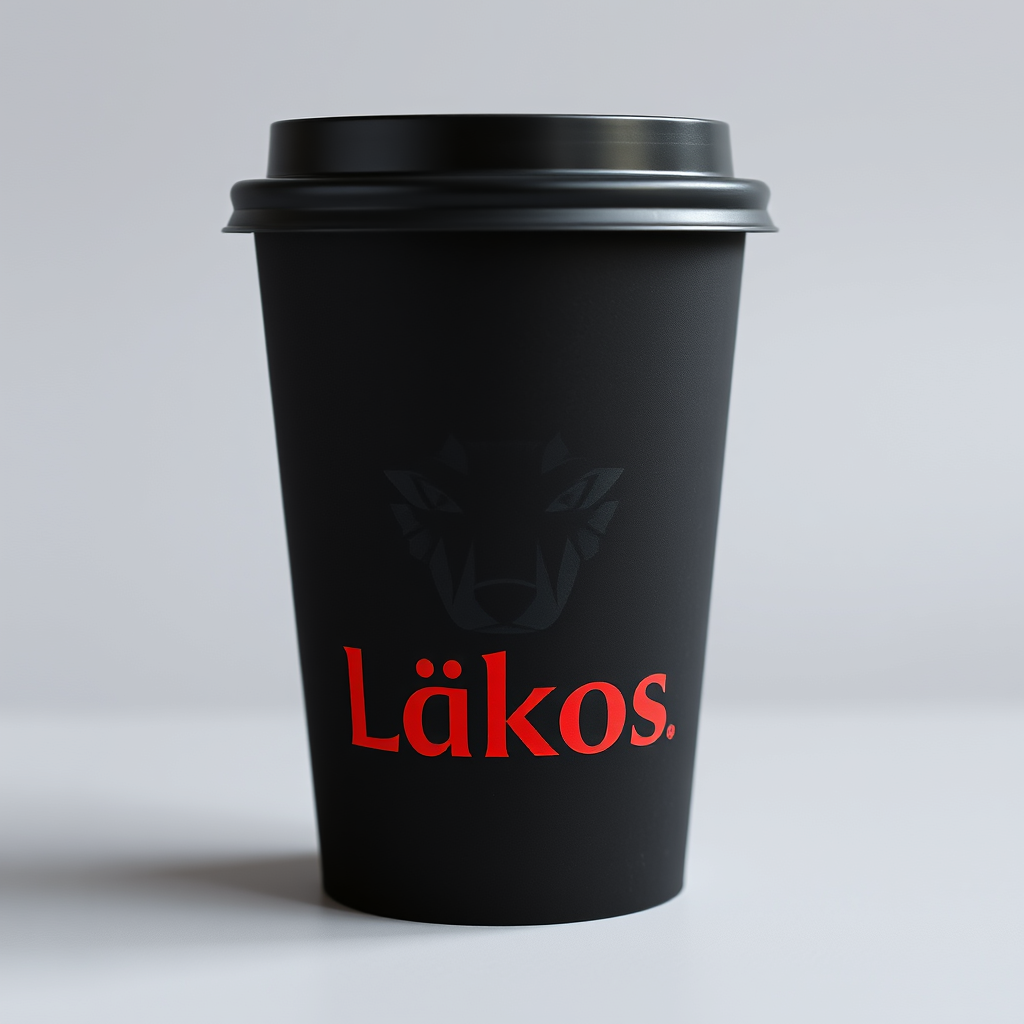 Main logo studio: Design a premium coffee cup logo printed directly on a **black paper/plastic takeaway coffee cup**. The logo consists of a **half front-facing wolf fa